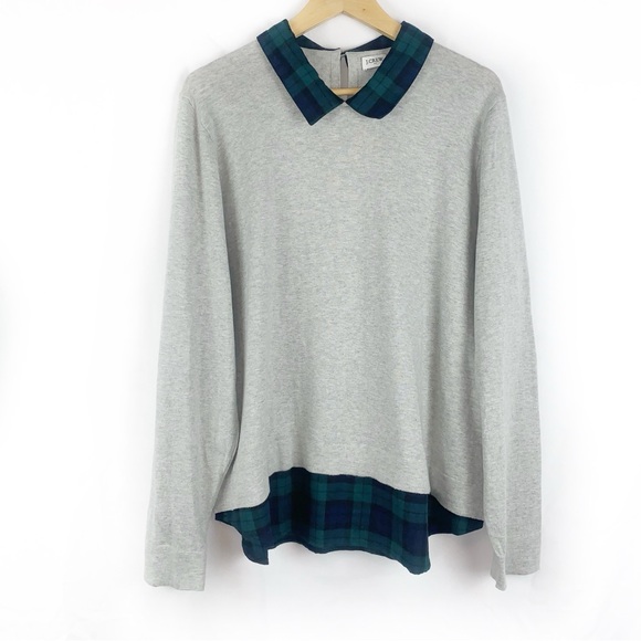 J. Crew Tartan Plaid Woven Collar Gray Academia Sweater Plus Size 2X - Picture 4 of 11